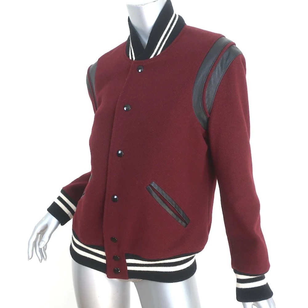 Saint Laurent Teddy Bomber Jacket Leather-Trim Burgundy Wool Size 46 - Picture 2 of 8